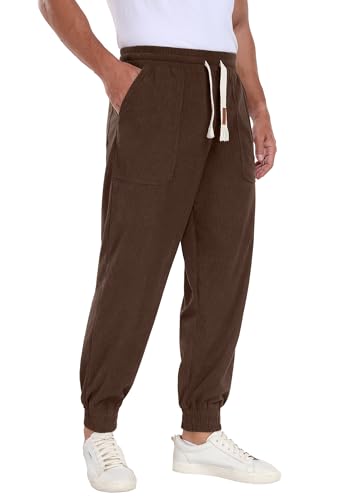 QIXING Herren Cordhose Baggy Casual Baumwolle Cargo Hose mit Kordelzug Elastischem Bund Jogginghose Relaxed Fit mit 5 Taschen(Kamel, M) von QIXING
