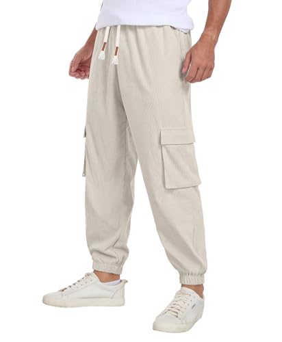 QIXING Herren Cordhose Baggy Casual Baumwolle Cargohose mit Kordelzug Elastischer Bund Jogginghose Relaxed Fit mit 5 Taschen(Beige, XL) von QIXING