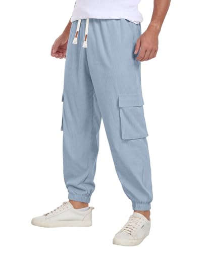 QIXING Herren Cordhose Baggy Casual Baumwolle Cargohose mit Kordelzug Elastischer Bund Jogginghose Relaxed Fit mit 5 Taschen(Hellblau, XL) von QIXING