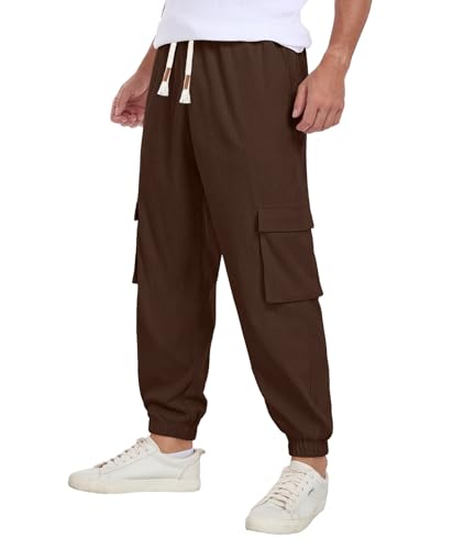 QIXING Herren Cordhose Baggy Casual Baumwolle Cargohose mit Kordelzug Elastischer Bund Jogginghose Relaxed Fit mit 5 Taschen(Kamel, S) von QIXING