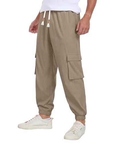 QIXING Herren Cordhose Baggy Casual Baumwolle Cargohose mit Kordelzug Elastischer Bund Jogginghose Relaxed Fit mit 5 Taschen(Khaki, M) von QIXING