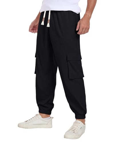 QIXING Herren Cordhose Baggy Casual Baumwolle Cargohose mit Kordelzug Elastischer Bund Jogginghose Relaxed Fit mit 5 Taschen(Schwarz, M) von QIXING