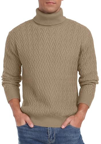QIXING Herren Gerippter Strickpullover Rollkragen Langarm Sweater Casual Pullover Pulli Herren（Khaki, XXL von QIXING