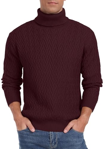QIXING Herren Gerippter Strickpullover Rollkragen Langarm Sweater Casual Pullover Pulli Herren（Weinrot, XL von QIXING