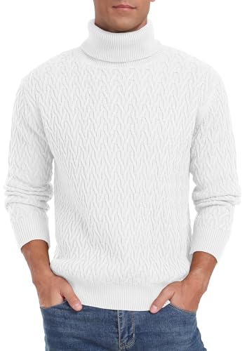 QIXING Herren Gerippter Strickpullover Rollkragen Langarm Sweater Casual Pullover Pulli Herren（Weiß, M von QIXING