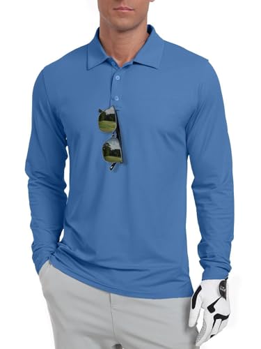 QIXING Herren Golf Polohemd Langarm UPF 50+ Quick Dry Atmungsaktiv Leichtes Sommer Sporthemd für Golf, Angeln, Tennis(Dunkelblau, L) von QIXING