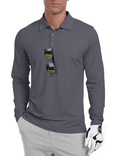 QIXING Herren Golf Polohemd Langarm UPF 50+ Quick Dry Atmungsaktiv Leichtes Sommer Sporthemd für Golf, Angeln, Tennis(Dunkelgrau, XL) von QIXING