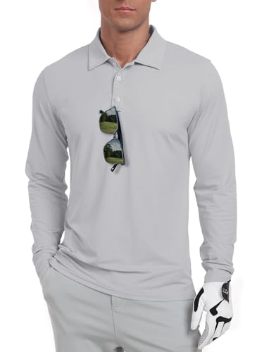 QIXING Herren Golf Polohemd Langarm UPF 50+ Quick Dry Atmungsaktiv Leichtes Sommer Sporthemd für Golf, Angeln, Tennis(Grau, M) von QIXING
