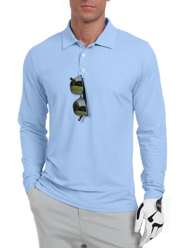 QIXING Herren Golf Polohemd Langarm UPF 50+ Quick Dry Atmungsaktiv Leichtes Sommer Sporthemd für Golf, Angeln, Tennis(Hellblau, XXL) von QIXING