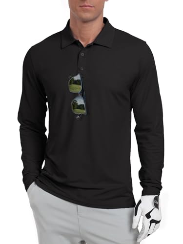 QIXING Herren Golf Polohemd Langarm UPF 50+ Quick Dry Atmungsaktiv Leichtes Sommer Sporthemd für Golf, Angeln, Tennis(Schwarz, L) von QIXING