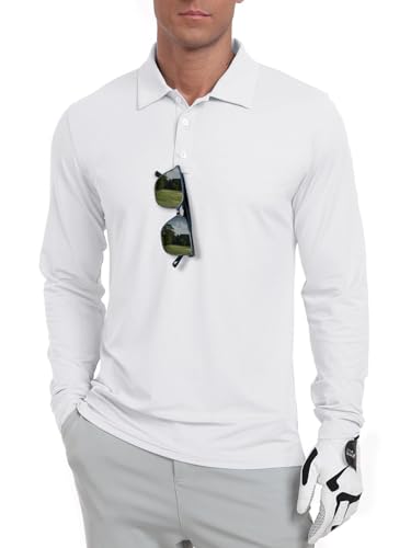QIXING Herren Golf Polohemd Langarm UPF 50+ Quick Dry Atmungsaktiv Leichtes Sommer Sporthemd für Golf, Angeln, Tennis(Weiß, XL) von QIXING