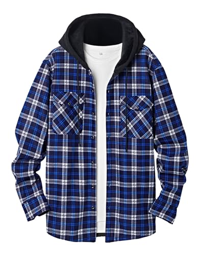 QIXING Herren Kariertes Flanellhemd Winter Hemd Warm Langarm Fleece Hoodie mit Knopfleiste Herren Holzfällerhemd mit Kapuze(Blau Weiß, S) von QIXING