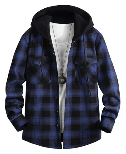 QIXING Herren Kariertes Flanellhemd Winter Hemd Warm Langarm Fleece Hoodie mit Knopfleiste Herren Holzfällerhemd mit Kapuze(Schwarz Blau, L) von QIXING