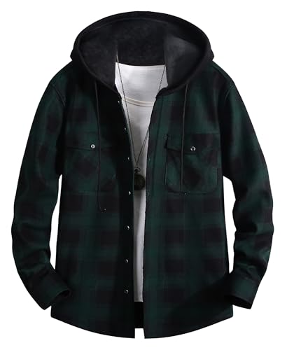 QIXING Herren Kariertes Flanellhemd Winter Hemd Warm Langarm Fleece Hoodie mit Knopfleiste Herren Holzfällerhemd mit Kapuze(Schwarz Dunkelgrün, M) von QIXING
