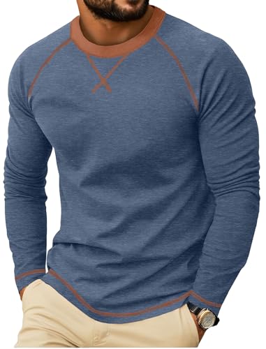 QIXING Herren Langarmshirt aus Baumwolle Rundhalsausschnitt | Weiches Crew Neck Langarmshirts mit X-Stickdesign | Anti-Einlaufend Bequem Herren Oberteil für Freizeit (Blau, S) von QIXING