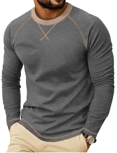QIXING Herren Langarmshirt aus Baumwolle Rundhalsausschnitt | Weiches Crew Neck Langarmshirts mit X-Stickdesign | Anti-Einlaufend Bequem Herren Oberteil für Freizeit (Dunkelgrau, L) von QIXING