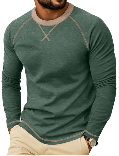 QIXING Herren Langarmshirt aus Baumwolle Rundhalsausschnitt | Weiches Crew Neck Langarmshirts mit X-Stickdesign | Anti-Einlaufend Bequem Herren Oberteil für Freizeit (Grün, S) von QIXING