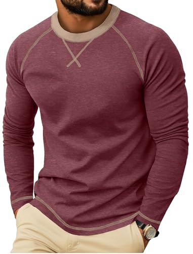 QIXING Herren Langarmshirt aus Baumwolle Rundhalsausschnitt | Weiches Crew Neck Langarmshirts mit X-Stickdesign | Anti-Einlaufend Bequem Herren Oberteil für Freizeit (Rot, S) von QIXING
