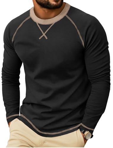 QIXING Herren Langarmshirt aus Baumwolle Rundhalsausschnitt | Weiches Crew Neck Langarmshirts mit X-Stickdesign | Anti-Einlaufend Bequem Herren Oberteil für Freizeit (Schwarz, L) von QIXING