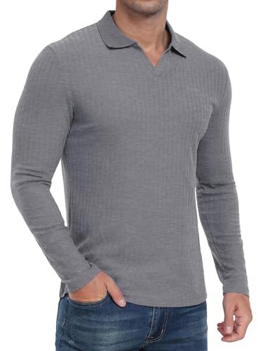 QIXING Herren Muskel V Hals Polo Shirts Slim Fit Shirt Langarm Golf T-Shirts Rippenstrick Soft Casual Top(Dunkelgrau, XL) von QIXING
