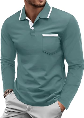 QIXING Herren Poloshirt Langarm Golf Polo Klassisches Baumwoll-Polo mit Brusttasche Casual Polo T-Shirt Pullover(Grau-Grün, S) von QIXING