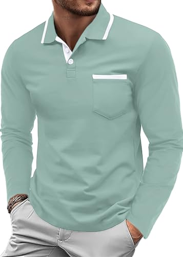 QIXING Herren Poloshirt Langarm Golf Polo Klassisches Baumwoll-Polo mit Brusttasche Casual Polo T-Shirt Pullover(Seegrün, M) von QIXING