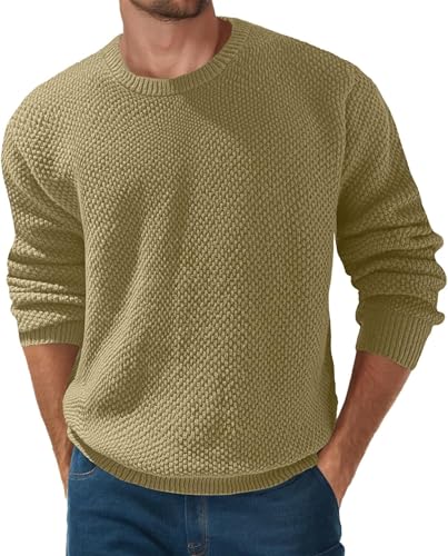QIXING Herren Pullover Rundhals Waffel Langarm Pulli Strickpullover mit Waffelmuster Regular Fit Winter Pullover(Armeegrün, L) von QIXING