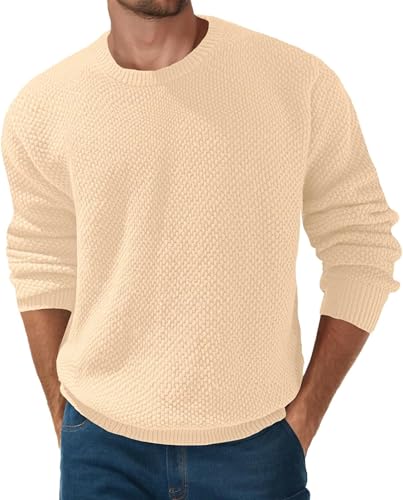 QIXING Herren Pullover Rundhals Waffel Langarm Pulli Strickpullover mit Waffelmuster Regular Fit Winter Pullover(Beige, L) von QIXING
