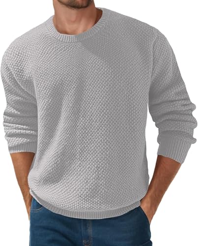 QIXING Herren Pullover Rundhals Waffel Langarm Pulli Strickpullover mit Waffelmuster Regular Fit Winter Pullover(Hellgrau, S) von QIXING