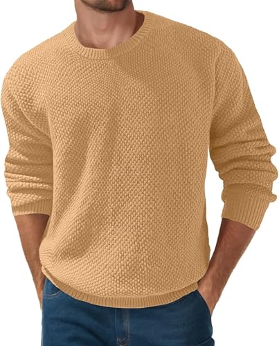 QIXING Herren Pullover Rundhals Waffel Langarm Pulli Strickpullover mit Waffelmuster Regular Fit Winter Pullover(Khaki, XXL) von QIXING