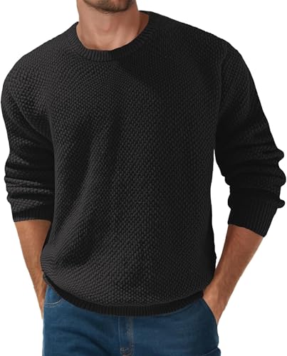 QIXING Herren Pullover Rundhals Waffel Langarm Pulli Strickpullover mit Waffelmuster Regular Fit Winter Pullover(Schwarz, M) von QIXING