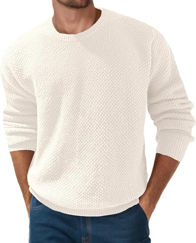 QIXING Herren Pullover Rundhals Waffel Langarm Pulli Strickpullover mit Waffelmuster Regular Fit Winter Pullover(Weiß, M) von QIXING