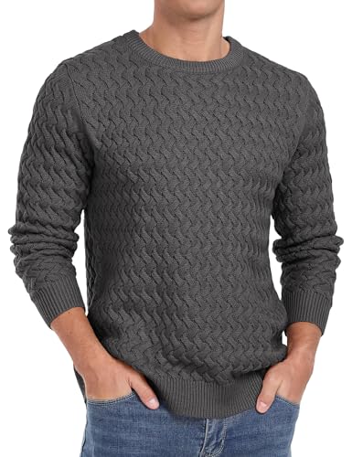 QIXING Herren Pullover Rundhals Zopfmuster Strickpullover Langarm Casual Twist Muster Pulli (Dunkelgrau, S) von QIXING