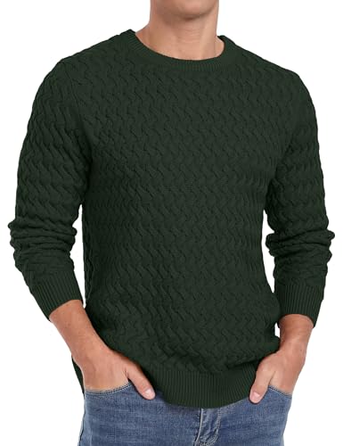 QIXING Herren Pullover Rundhals Zopfmuster Strickpullover Langarm Casual Twist Muster Pulli (Dunkelgrün, XL) von QIXING