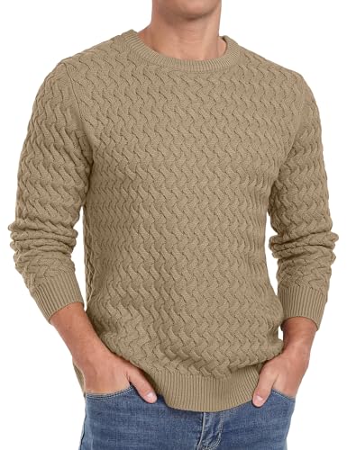 QIXING Herren Pullover Rundhals Zopfmuster Strickpullover Langarm Casual Twist Muster Pulli (Khaki, M) von QIXING
