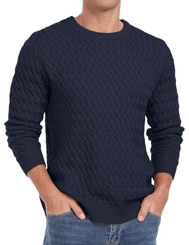 QIXING Herren Pullover Rundhals Zopfmuster Strickpullover Langarm Casual Twist Muster Pulli (Marineblau, 2XL) von QIXING