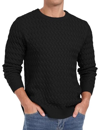 QIXING Herren Pullover Rundhals Zopfmuster Strickpullover Langarm Casual Twist Muster Pulli (Schwarz, L) von QIXING