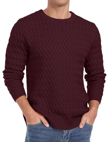 QIXING Herren Pullover Rundhals Zopfmuster Strickpullover Langarm Casual Twist Muster Pulli (Weinrot, XL) von QIXING
