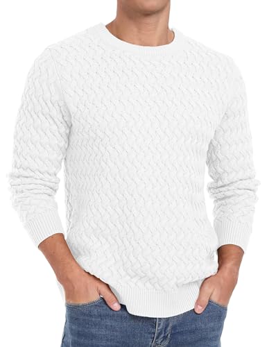 QIXING Herren Pullover Rundhals Zopfmuster Strickpullover Langarm Casual Twist Muster Pulli (Weiß, L) von QIXING
