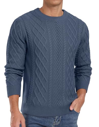 QIXING Herren Pullover Zopfmuster Rundhals Langarm Dicker Strickpullover Fischermuster Strukturiert Weich Gestrickt Lässiger Pulli(C Denim-Blau, M) von QIXING