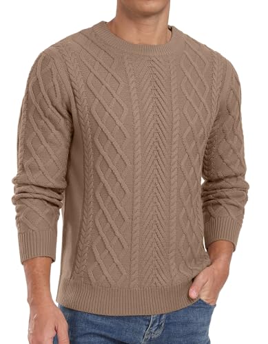 QIXING Herren Pullover Zopfmuster Rundhals Langarm Dicker Strickpullover Fischermuster Strukturiert Weich Gestrickt Lässiger Pulli(C Khaki, XXL) von QIXING