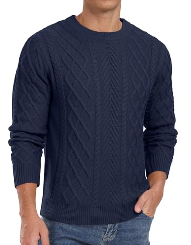 QIXING Herren Pullover Zopfmuster Rundhals Langarm Dicker Strickpullover Fischermuster Strukturiert Weich Gestrickt Lässiger Pulli(C Marineblau, XXL) von QIXING
