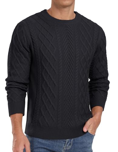 QIXING Herren Pullover Zopfmuster Rundhals Langarm Dicker Strickpullover Fischermuster Strukturiert Weich Gestrickt Lässiger Pulli(C Schwarz, XXL) von QIXING