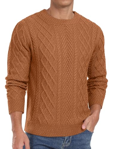 QIXING Herren Pullover Zopfmuster Rundhals Langarm Dicker Strickpullover Fischermuster Strukturiert Weich Gestrickt Lässiger Pulli(VG Braun, L) von QIXING