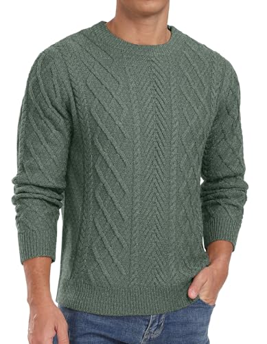 QIXING Herren Pullover Zopfmuster Rundhals Langarm Dicker Strickpullover Fischermuster Strukturiert Weich Gestrickt Lässiger Pulli(VG Grün, XXL) von QIXING