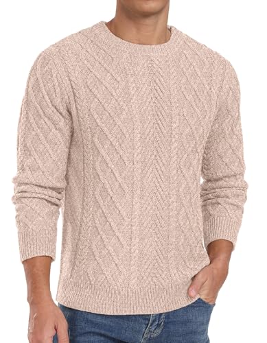 QIXING Herren Pullover Zopfmuster Rundhals Langarm Dicker Strickpullover Fischermuster Strukturiert Weich Gestrickt Lässiger Pulli(VG Khaki, S) von QIXING