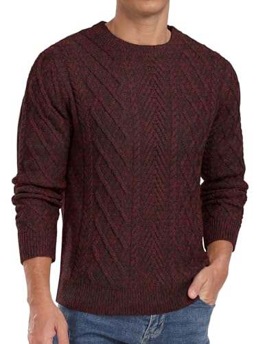 QIXING Herren Pullover Zopfmuster Rundhals Langarm Dicker Strickpullover Fischermuster Strukturiert Weich Gestrickt Lässiger Pulli(VG Weinrot, M) von QIXING