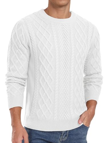 QIXING Herren Pullover Zopfmuster Rundhals Langarm Dicker Strickpullover Fischermuster Strukturiert Weich Gestrickt Lässiger Pulli(C Weiß, L) von QIXING