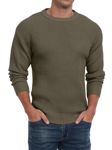 QIXING Herren Rundhals Pullover Waffel Langarm Pulli Klassischer Strickpullover mit Waffelmuster Regular Fit Winter Pullover(Armee Grün, XL) von QIXING