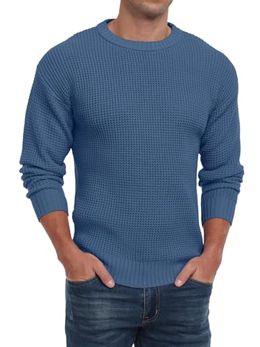 QIXING Herren Rundhals Pullover Waffel Langarm Pulli Klassischer Strickpullover mit Waffelmuster Regular Fit Winter Pullover(Blau, S) von QIXING